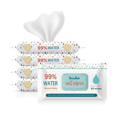 Khăn ướt Eco Baby Water dùng một lần Khăn ướt Làm sạch Túi 80PCS Khăn lau OEM GSM